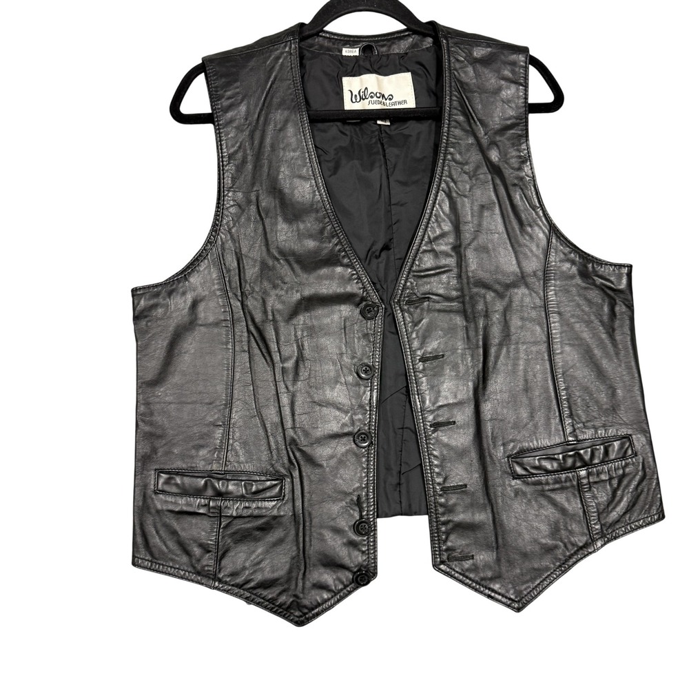 Vintage Wilsons Suede & Leather Vest Mens 42 Black Genuine Leather Lined Biker